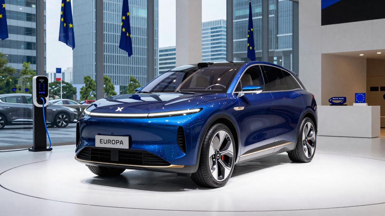 Carro elétrico azul exibido em salão, com placas escrito "Europa" e bandeiras da União Europeia ao fundo.