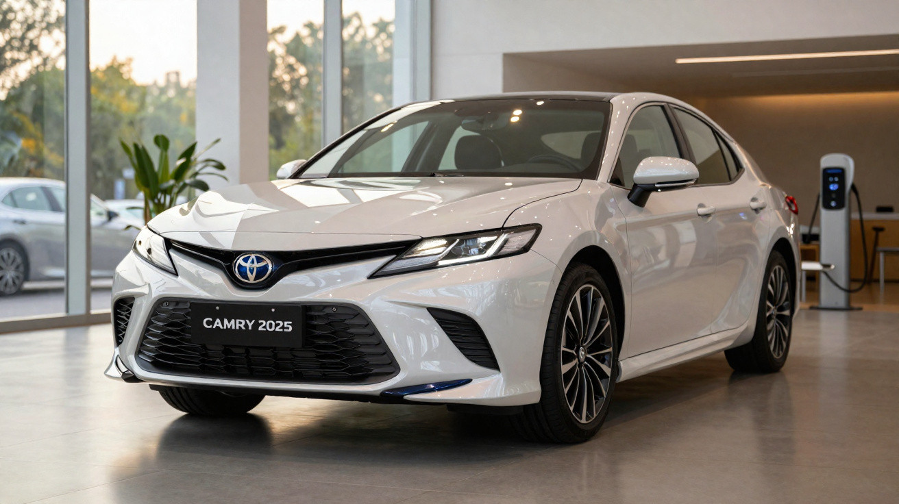 Carro Toyota Camry 2025 branco exibido em showroom com paredes de vidro e carregador elétrico ao fundo.