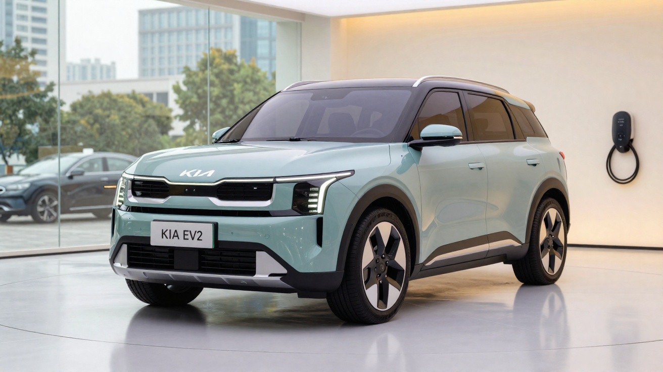 SUV elétrico Kia EV2 azul claro em showroom moderno com carregador veicular na parede.