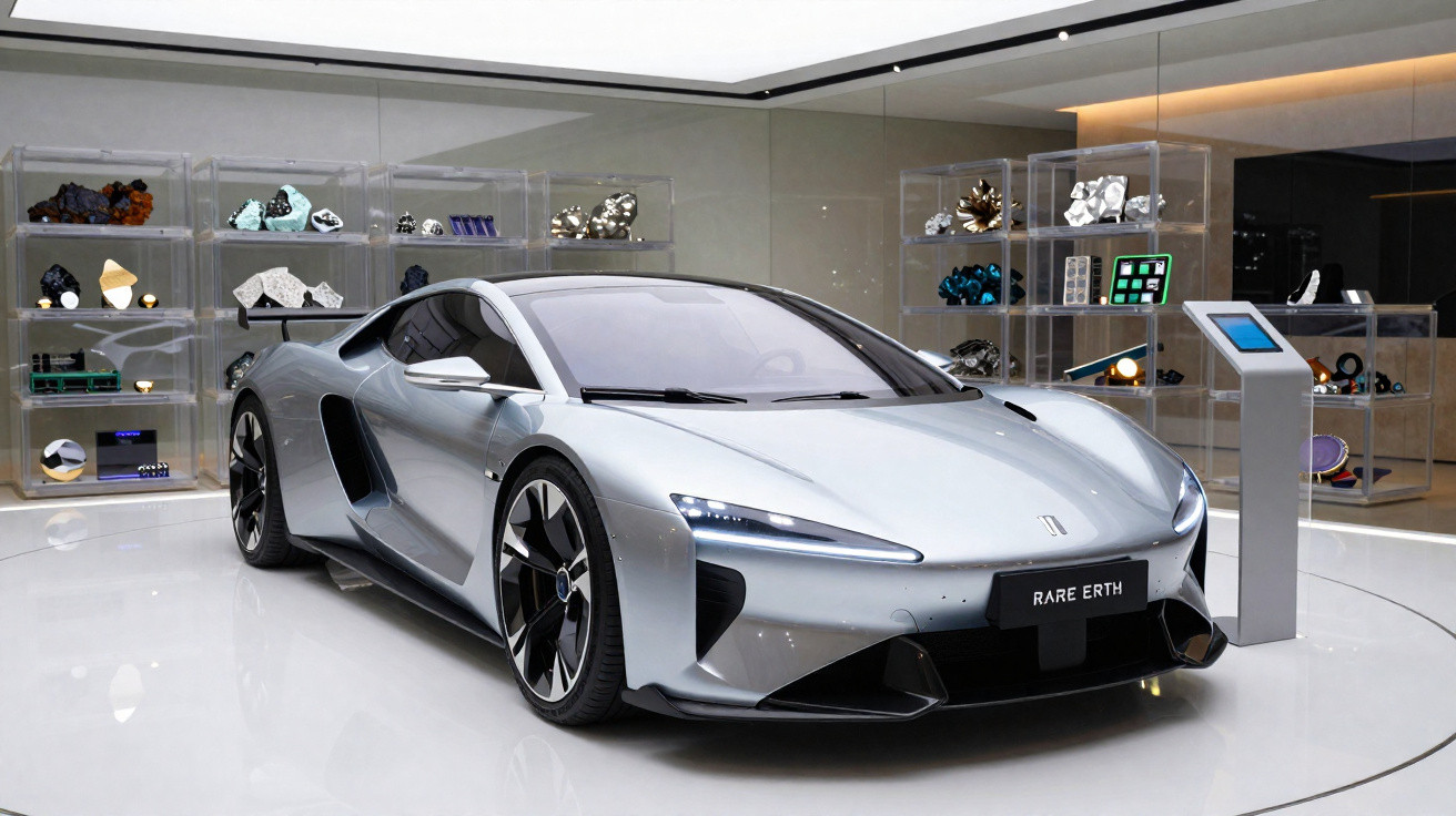 Carro esportivo prata futurista exibido em salão com iluminação moderna e objetos em vitrines ao fundo.
