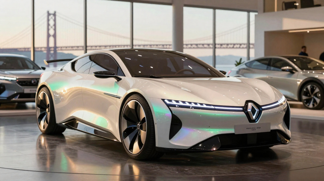 Carro esportivo elétrico branco da Renault exibido em salão de automóveis moderno com iluminação natural.