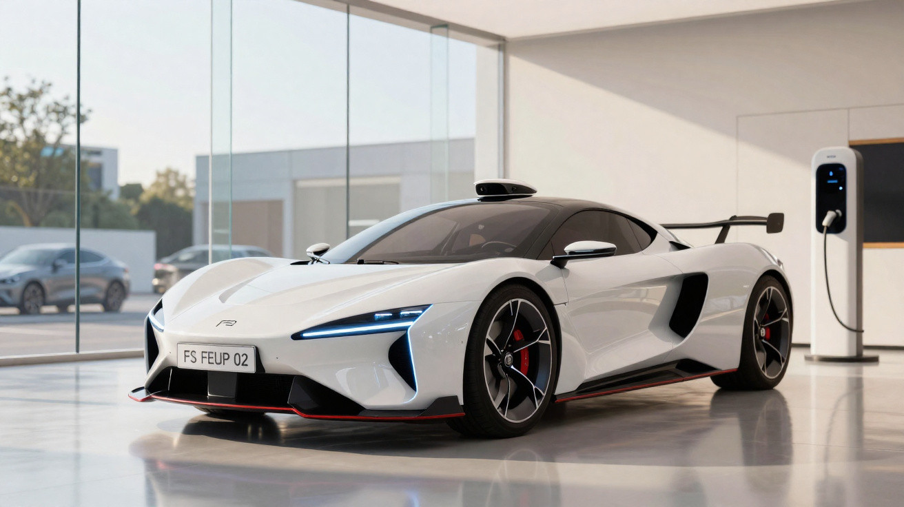 Carro esportivo branco elétrico em showroom com estação de carregamento ao fundo.
