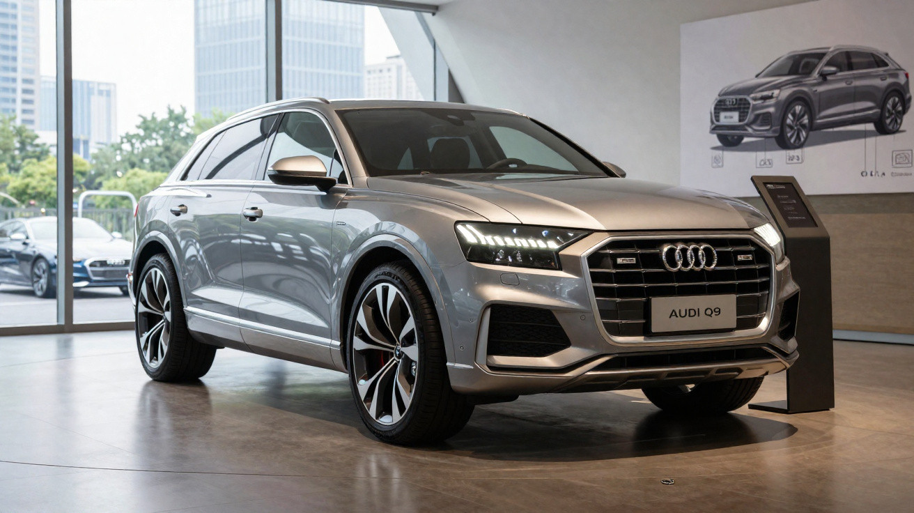 Audi Q9 prata estacionado em showroom com iluminação natural e detalhe em desenho do modelo na parede.