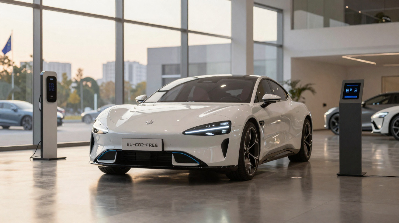 Carro elétrico branco em showroom moderno com estação de recarga e placa EU-CO2-FREE.