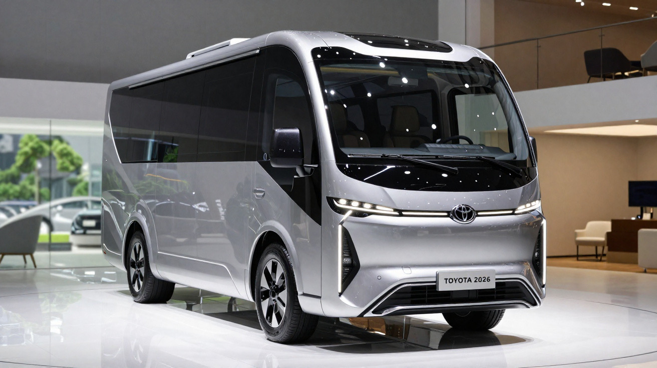 Micro-ônibus prata modelo Toyota 2026 exposto em ambiente interno moderno e iluminado.