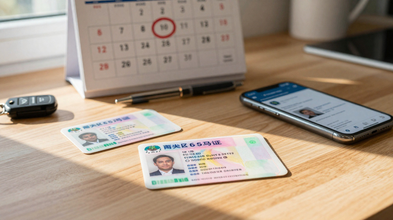 Mesa de madeira com dois documentos de identidade, celular, chave de carro e calendário com data marcada.