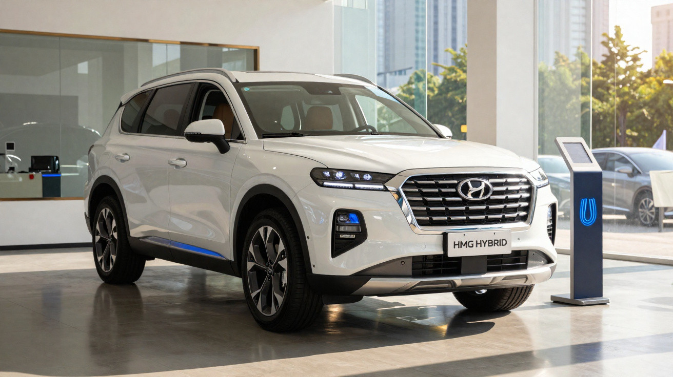 SUV branco Hyundai HMG Hybrid em showroom moderno com piso de concreto e iluminação natural.
