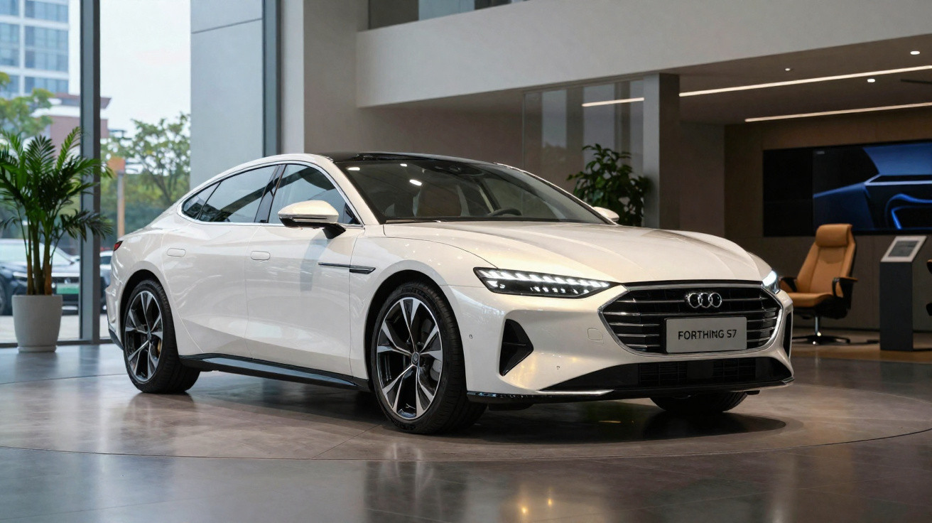 Carro branco elétrico Forthing S7 em showroom moderno com piso refletivo e plantas decorativas ao fundo.