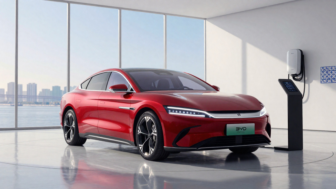 Carro elétrico vermelho estacionado ao lado de um carregador em ambiente interno com vista para a cidade.