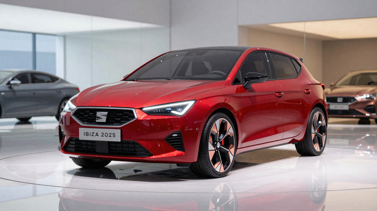 Carro vermelho Seat Ibiza 2025 exposto em ambiente interno com outros dois carros ao fundo.