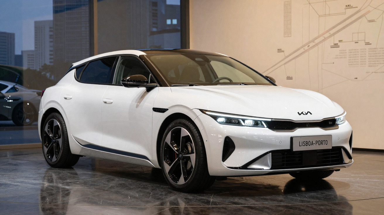 Carro branco Kia EV6 GT em exposição, com rodas pretas e detalhes modernos, em ambiente interno.
