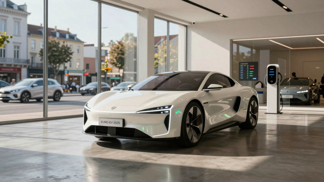 Carro esportivo elétrico branco estacionado em showroom moderno com grandes janelas e estação de carregamento.