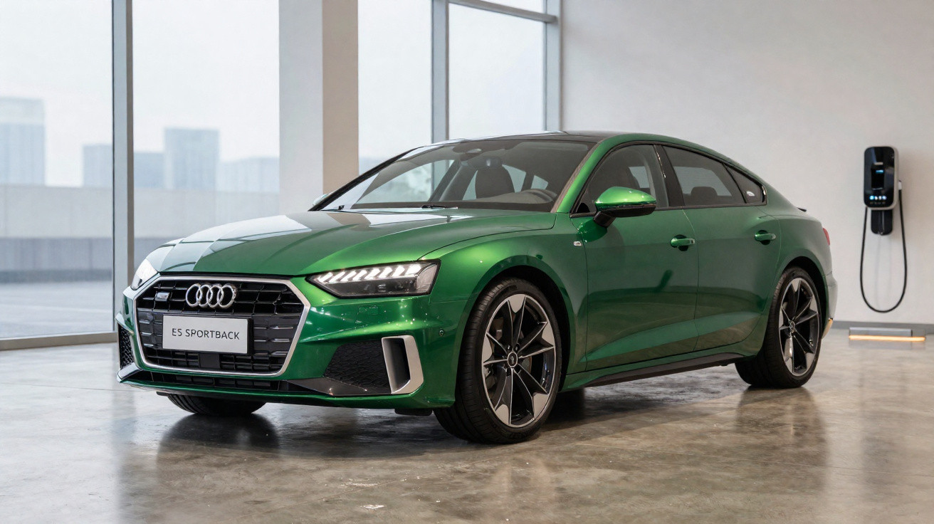 Carro esportivo Audi E5 Sportback verde estacionado em ambiente interno moderno com carregador elétrico na parede.