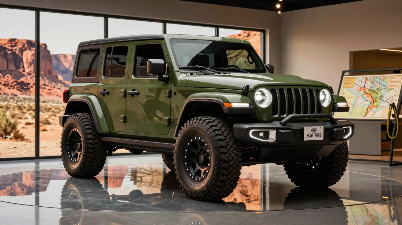 Jeep Wrangler verde exibido em showroom com janelas grandes mostrando paisagem desértica ao fundo.