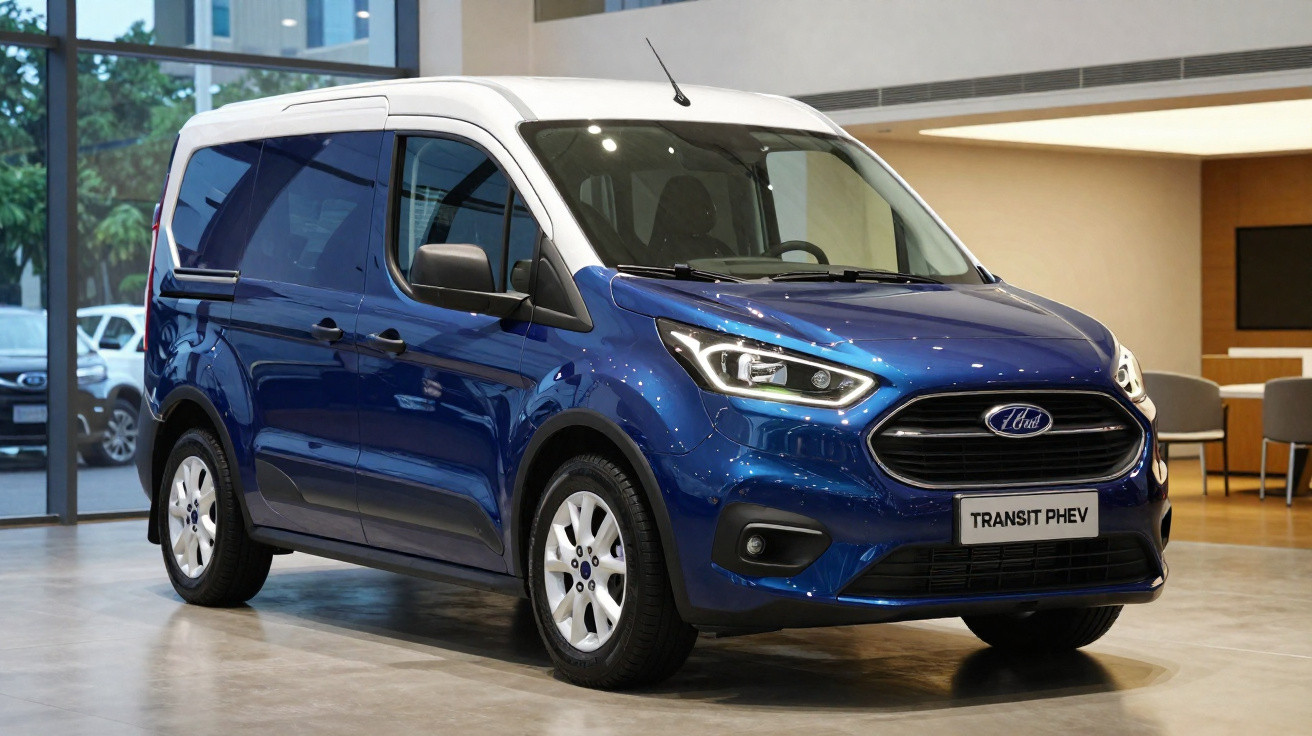 Van Ford Transit PHEV azul com teto branco em showroom.