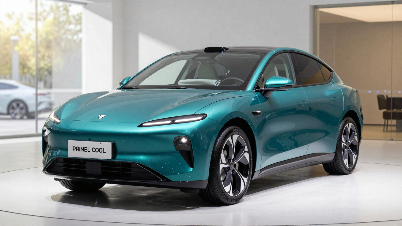 Carro elétrico sedã verde-azulado exibido em showroom moderno, com design aerodinâmico e rodas esportivas.
