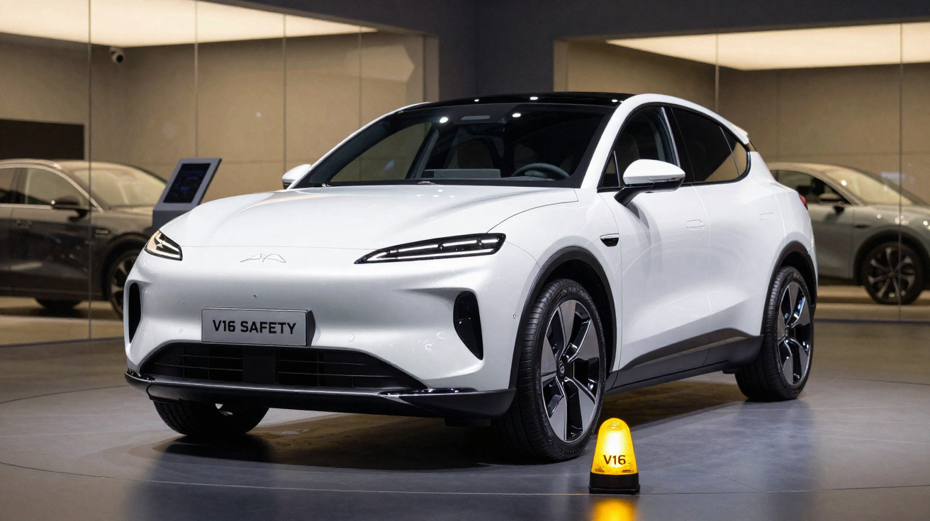 Carro elétrico branco modelo V16 Safety exibido em showroom com piso cinza e reflexos espelhados ao fundo.