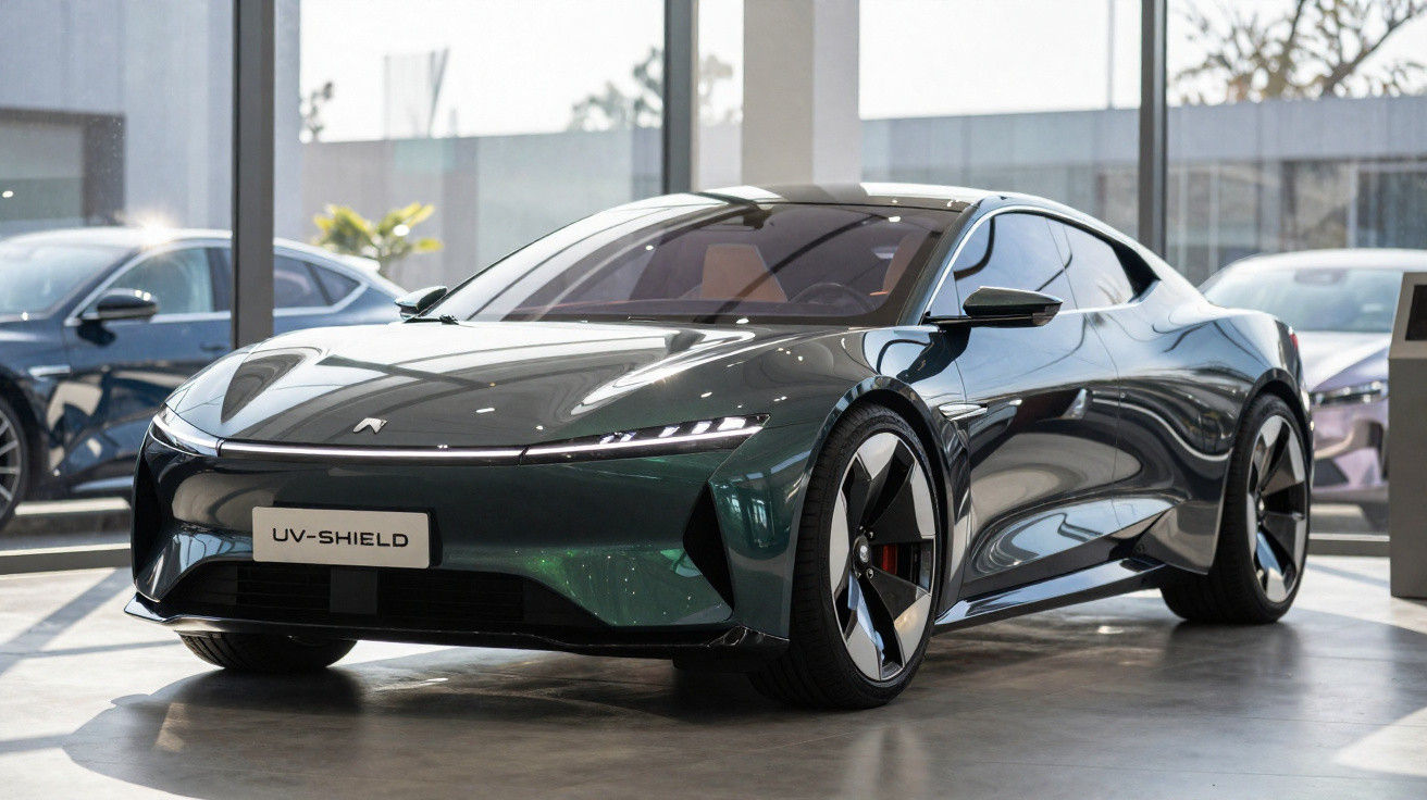 Carro elétrico esportivo verde escuro UV-Shield em exposição com design aerodinâmico e rodas grandes.