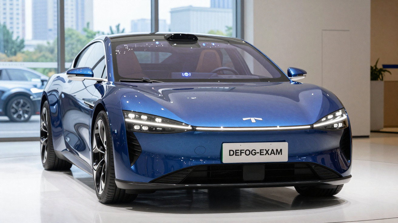 Carro elétrico esportivo azul em exposição interna com cityscape ao fundo e placa DEFOG-EXAM.