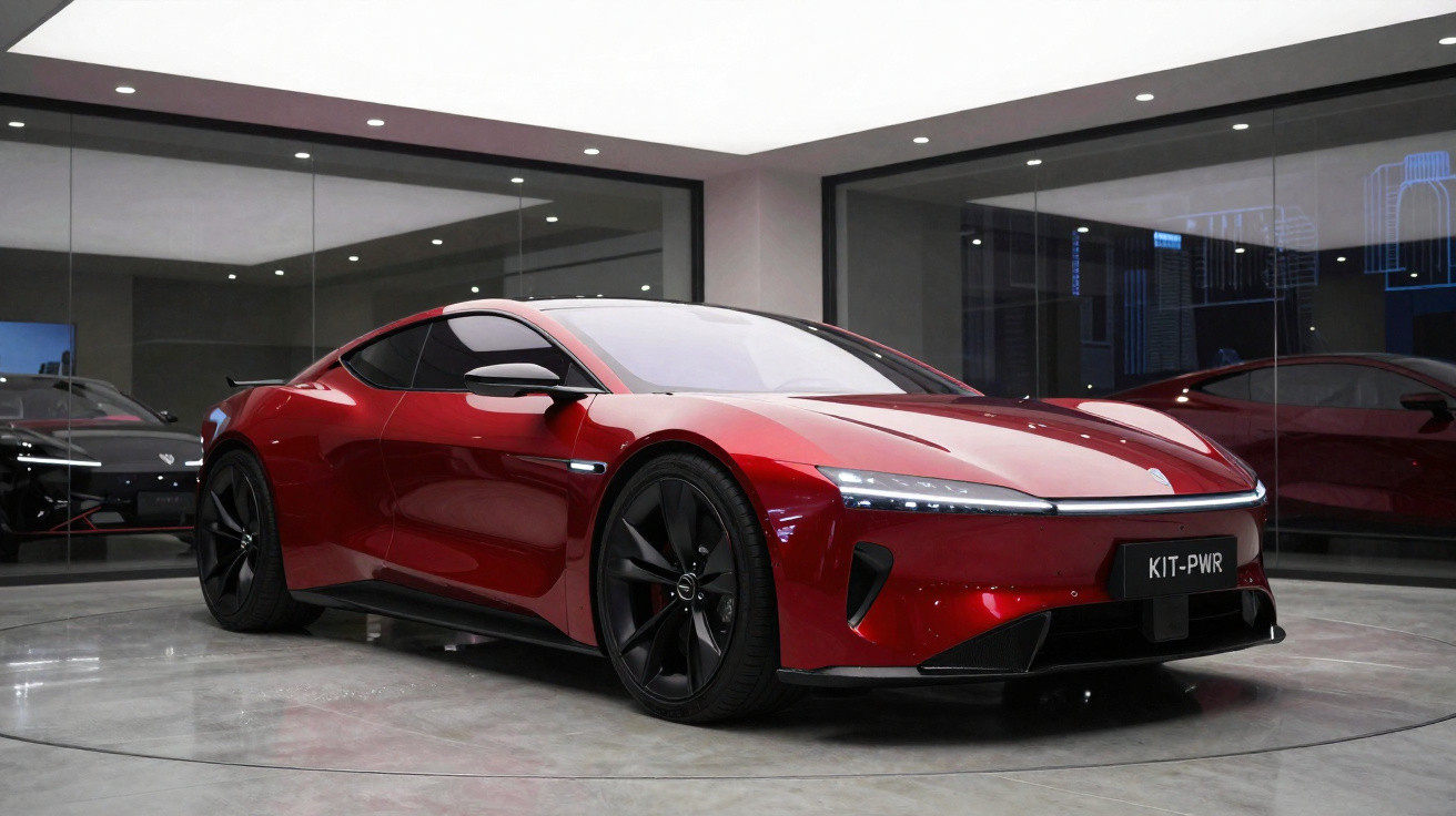 Carro esportivo vermelho com rodas pretas em showroom moderno com paredes de vidro e iluminação branca.