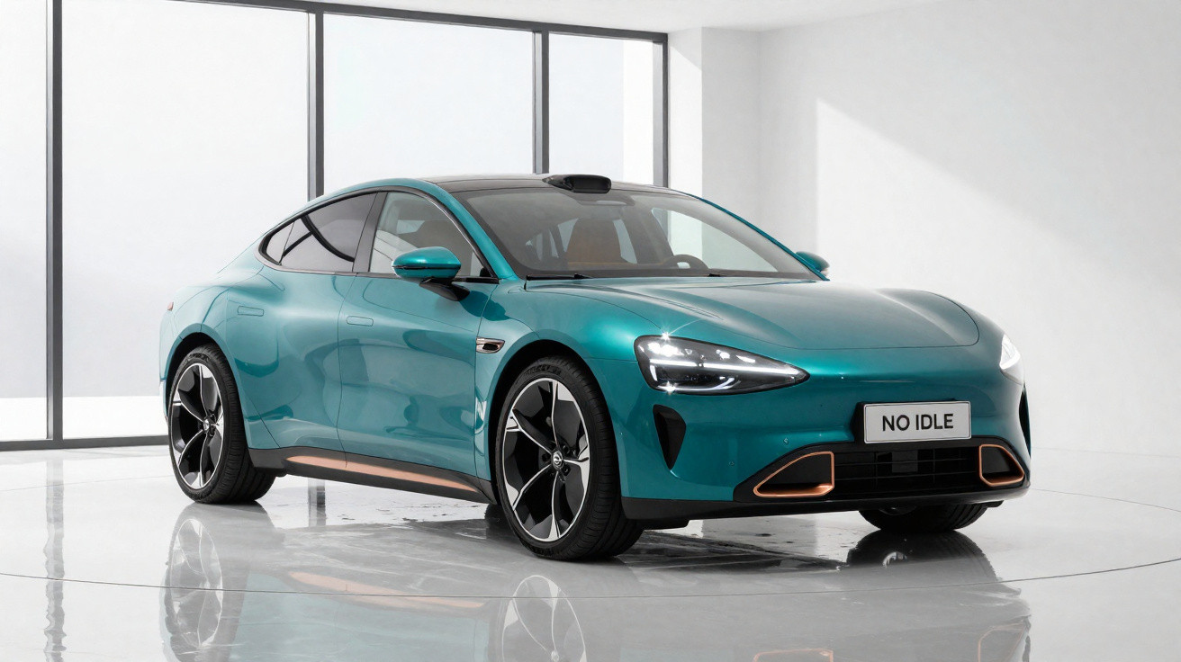 Carro elétrico esportivo verde metálico em estúdio moderno com iluminação natural e teto solar aberto.