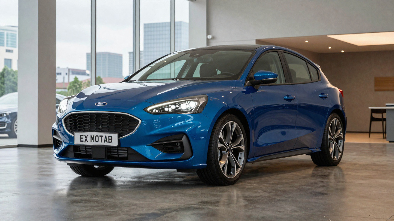 Carro hatchback azul esportivo em exibição dentro de showroom com piso cinza e grandes janelas.