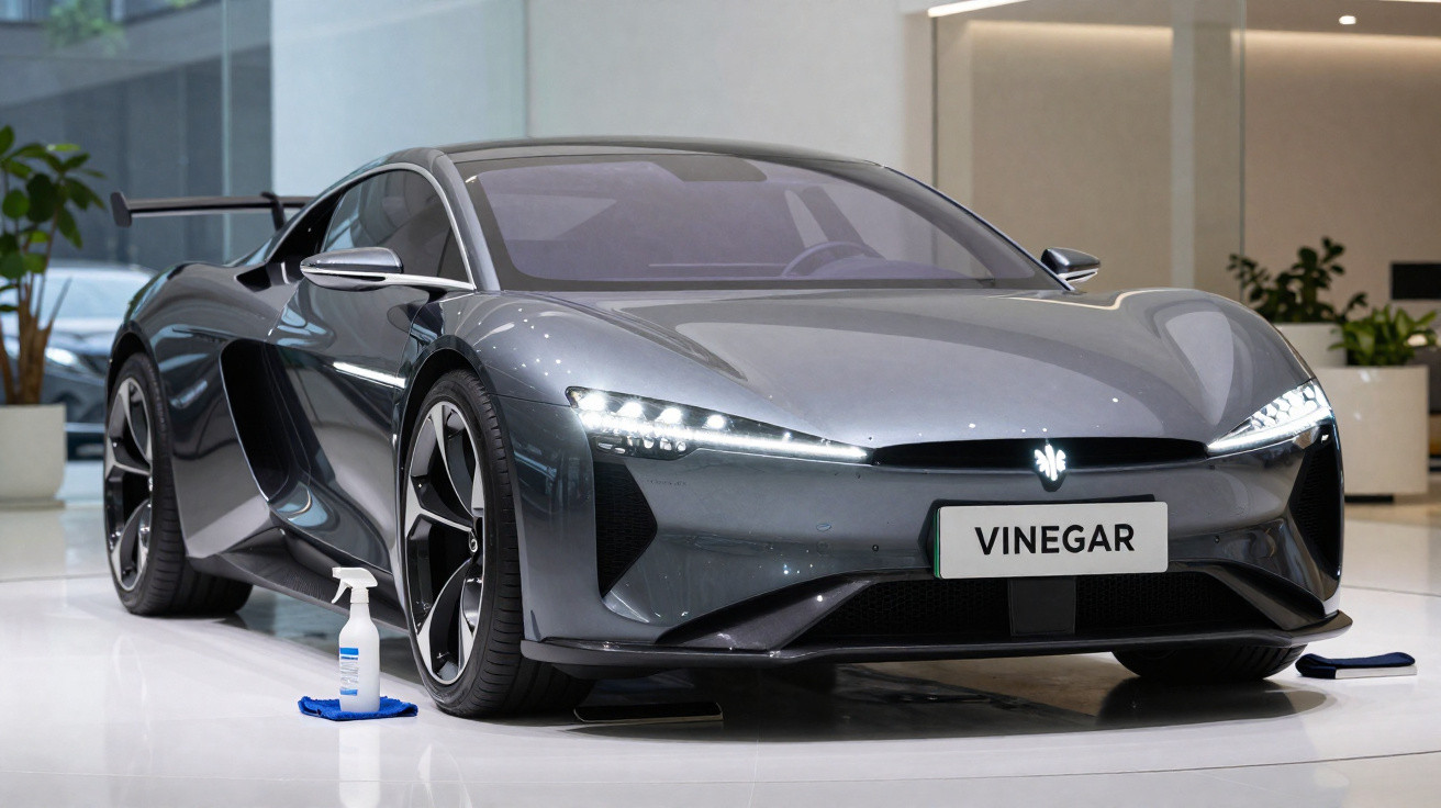 Carro esportivo cinza escuro com design futurista estacionado em ambiente interno e frasco de spray ao lado.