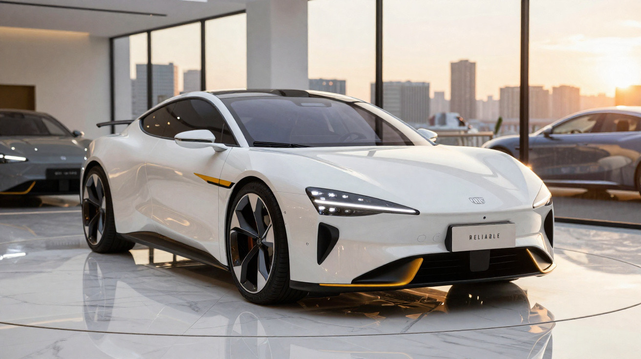 Carro esportivo elétrico branco estacionado em showroom com vidro panorâmico e reflexo no piso polido.