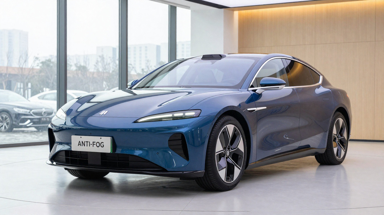 Carro elétrico azul futurista estacionado em showroom moderno com grandes janelas e piso claro.