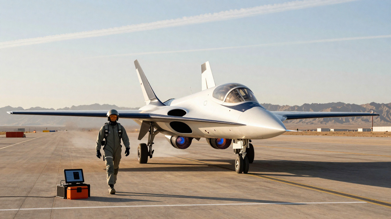Avião futurista branco no pátio de aeroporto com piloto vestindo macacão cinza ao lado.