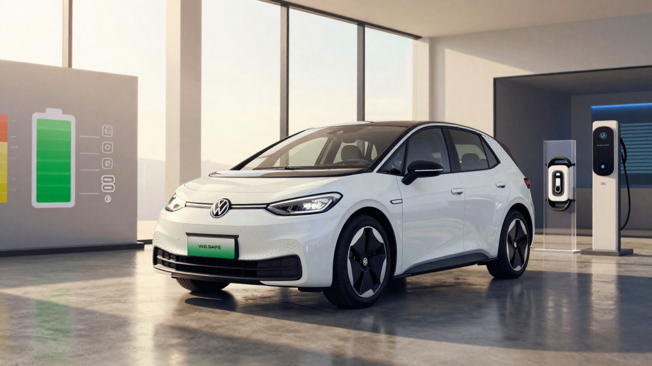 Carro elétrico branco da Volkswagen estacionado em garagem com estação de recarga e painel indicador de bateria.