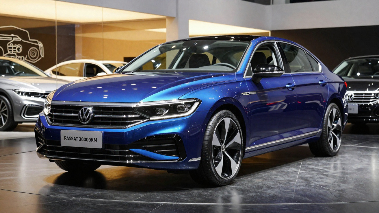 Carro Volkswagen Passat azul exibido em showroom com iluminação interna.