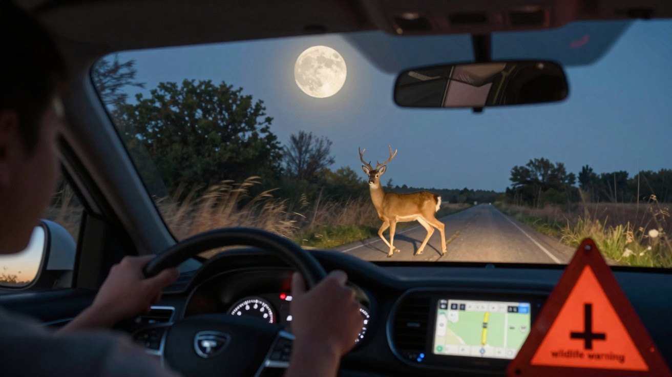 Motorista observa cervo atravessando estrada à noite com lua cheia e placa de alerta de vida selvagem no painel.