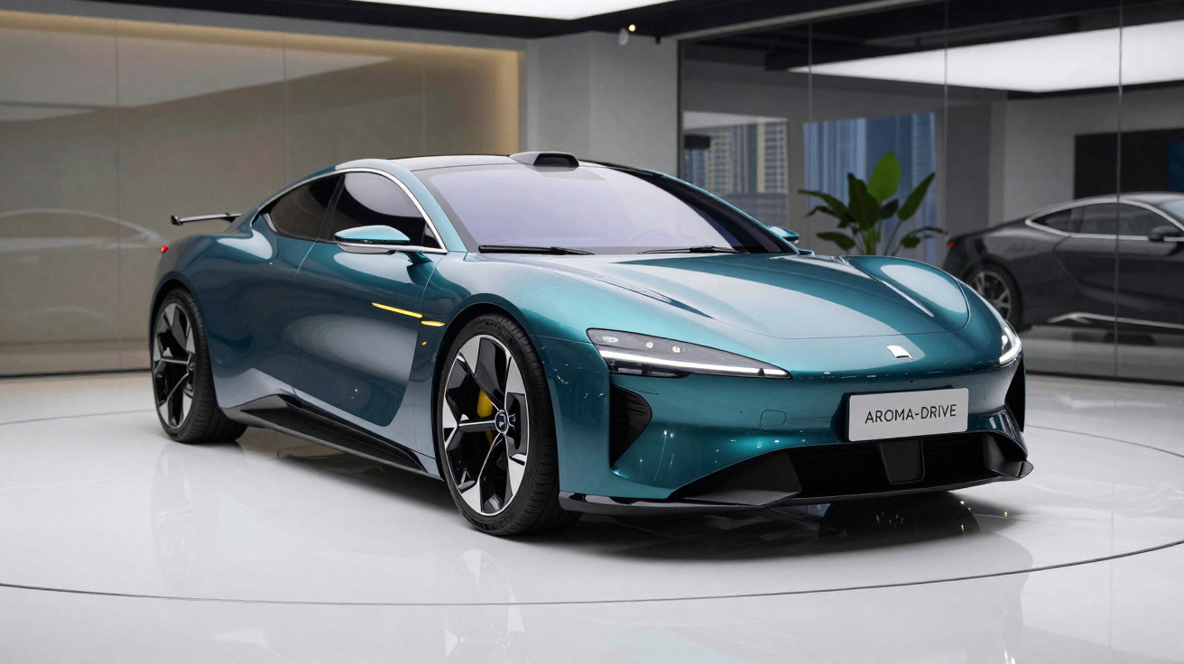 Carro esportivo elétrico verde com design futurista em ambiente interno moderno e reflexivo.