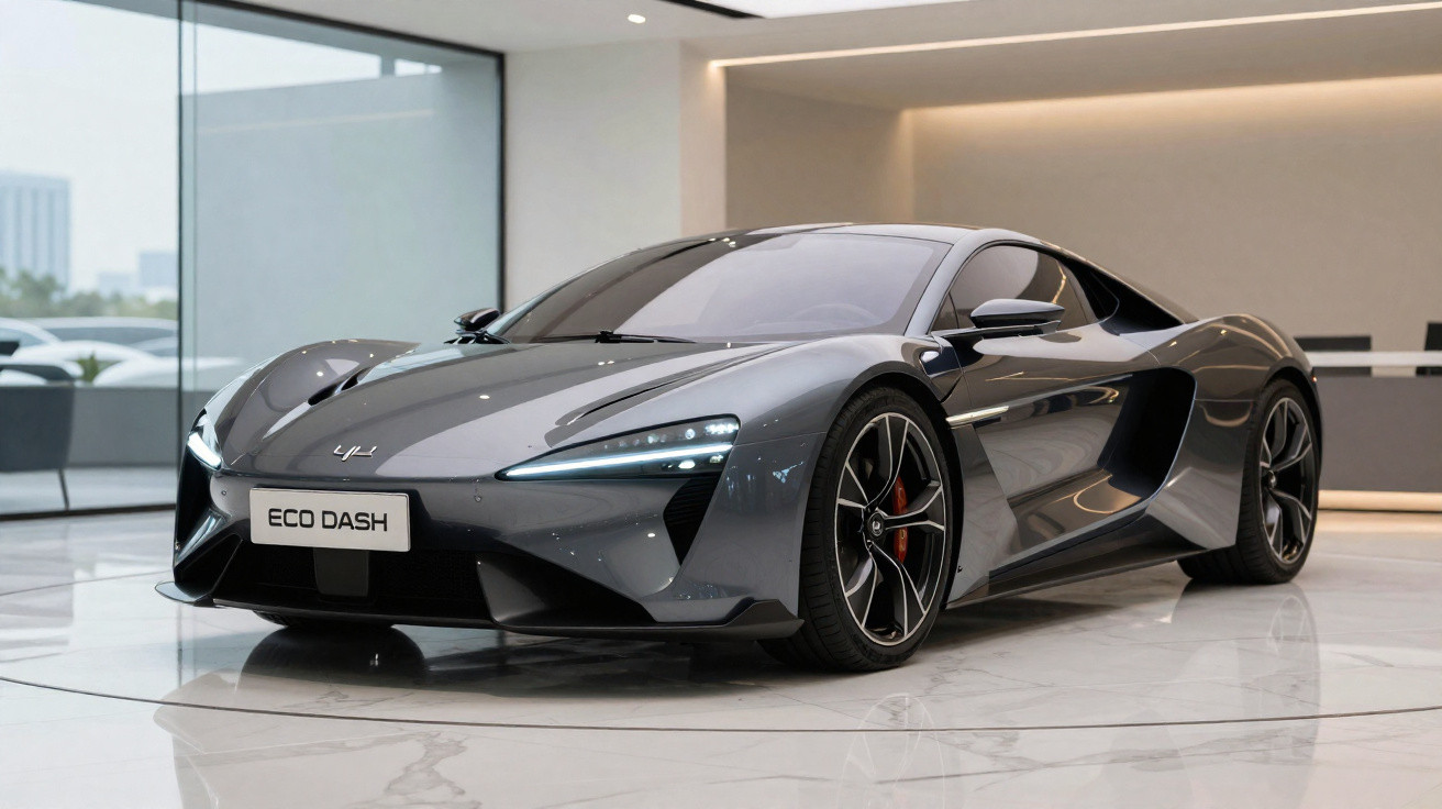 Carro esportivo elétrico cinza ECO DASH em exposição dentro de showroom moderno e iluminado.