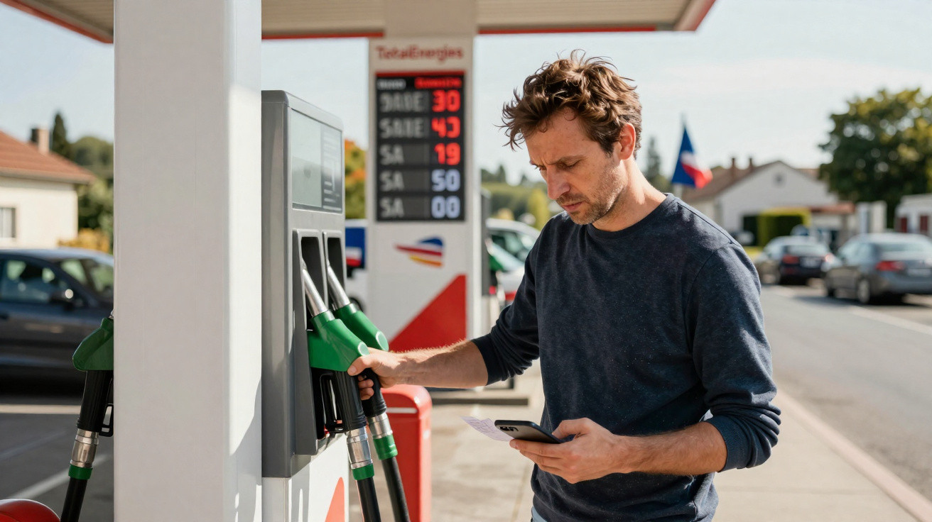 Homem segurando celular e bico de bomba de gasolina em posto de abastecimento.