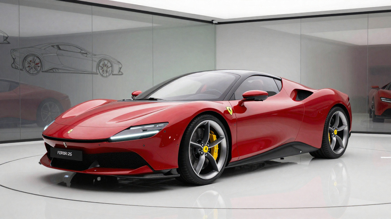 Carro esportivo vermelho Ferrari 296 GTB em exposição com detalhes em amarelo nas rodas e design aerodinâmico.