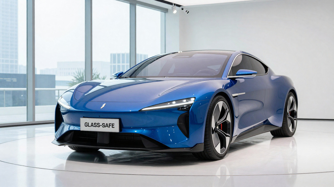 Carro esportivo elétrico azul exposto em ambiente interno moderno com janelas panorâmicas.