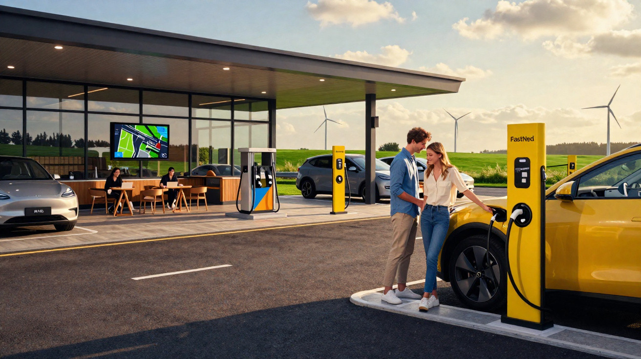 Casal próximo a carro elétrico amarelo carregando em posto com vento gerando energia ao fundo.