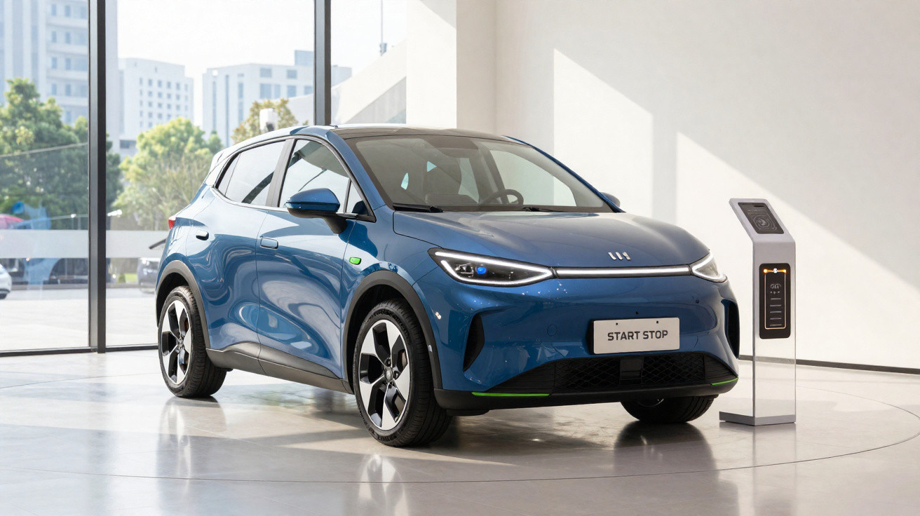 Carro elétrico azul estacionado em ambiente interno ao lado de carregador veicular com placa "START STOP".