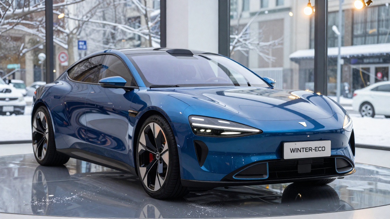 Carro esportivo elétrico azul Winter-Eco em exposição com neve ao fundo.