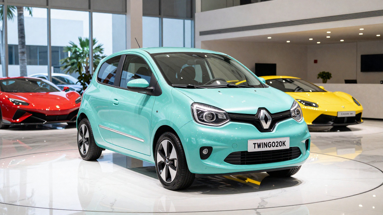 Carro Renault Twingo azul claro em exposição, com dois carros esportivos ao fundo, vermelho e amarelo.