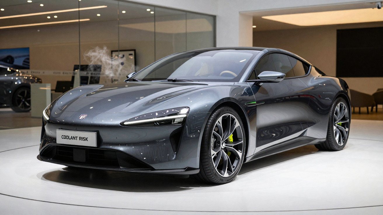 Carro esportivo cinza escuro com design aerodinâmico exibido em showroom moderno e iluminado.