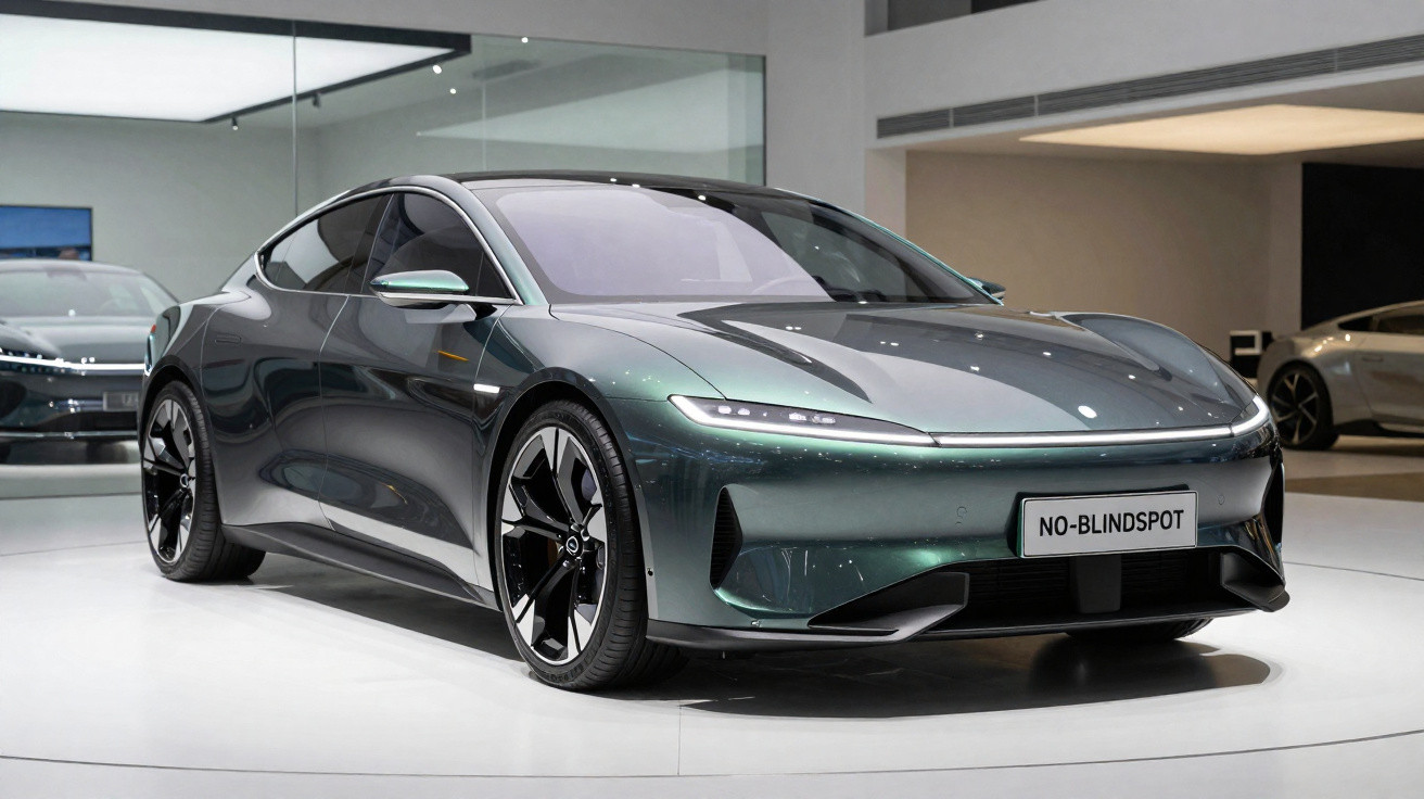 Carro elétrico esportivo verde metálico exibido em showroom moderno com piso branco e iluminação suave.