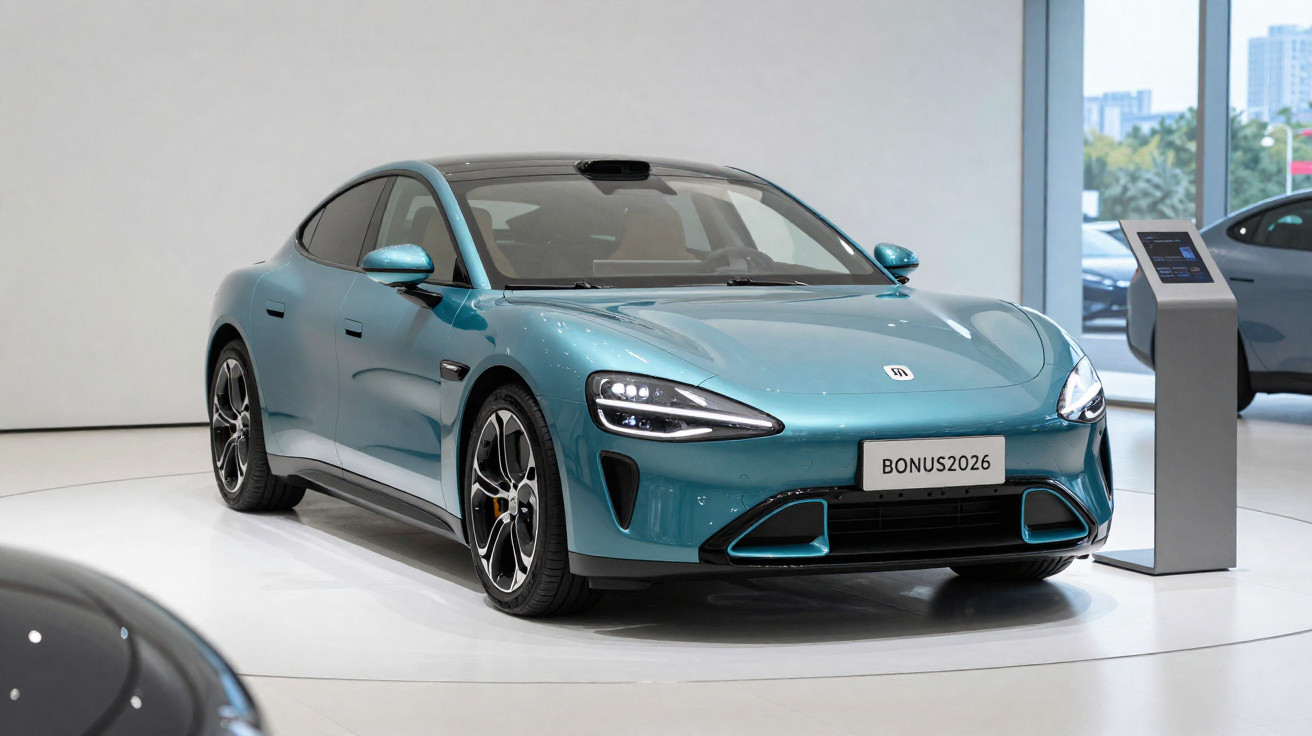 Carro esportivo elétrico azul exibido em stand moderno de exposição automotiva.