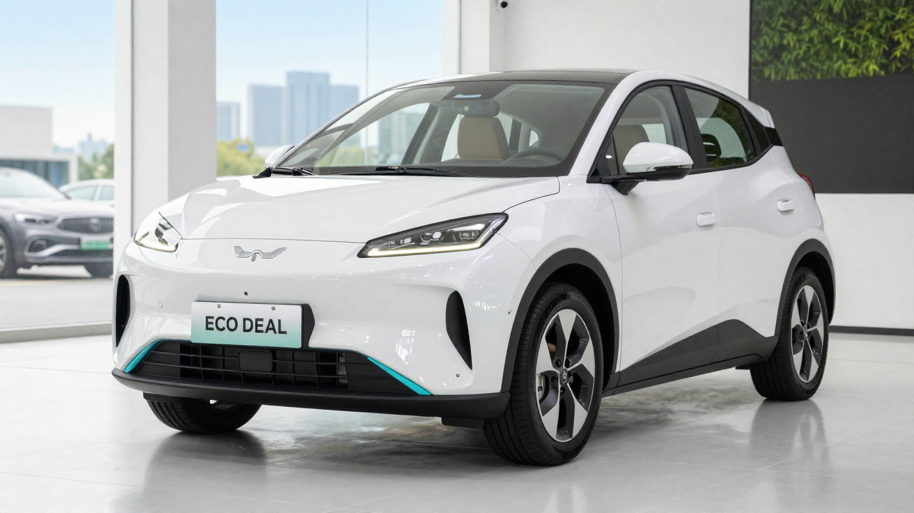 Carro elétrico branco estacionado em showroom moderno com teto preto e detalhes azuis.