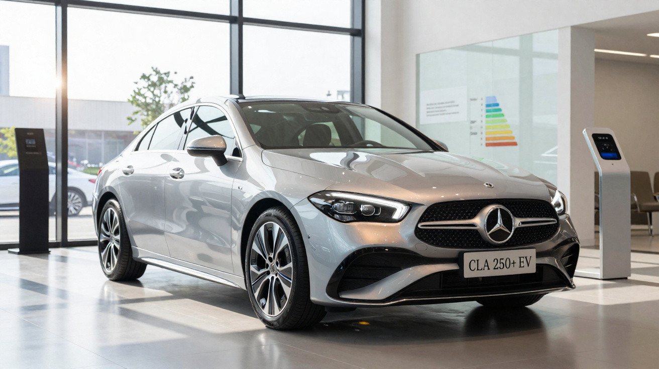 Carro prata Mercedes-Benz CLA 250+ EV exposto em showroom moderno com piso branco e janelas grandes.