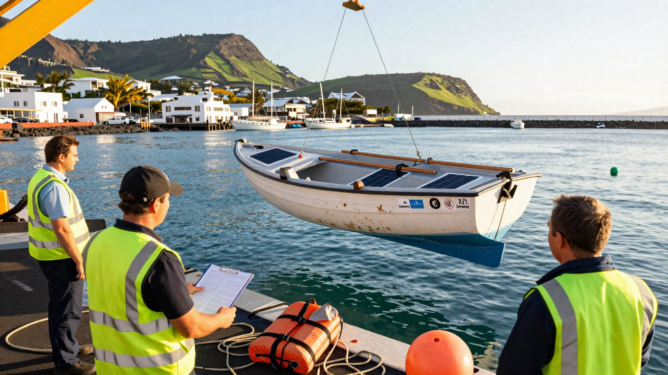 Três homens com coletes refletivos observam barco branco sendo içado no cais de porto com montanhas ao fundo.