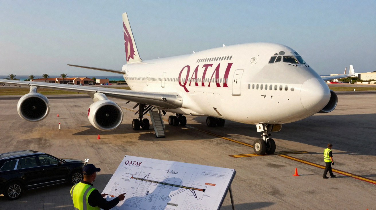 Avião Qatar Airways estacionado em aeroporto com pessoas e planta baixa no primeiro plano.