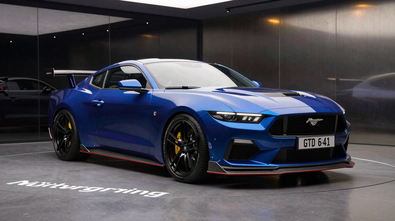 Carro esportivo azul com detalhes em preto e amarelo, exibido em ambiente moderno com parede espelhada.